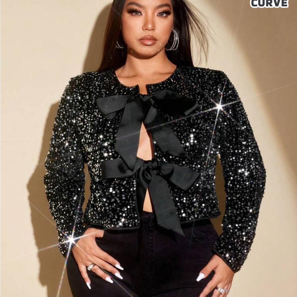 SHEIN Black Sequin Bow Jacket
